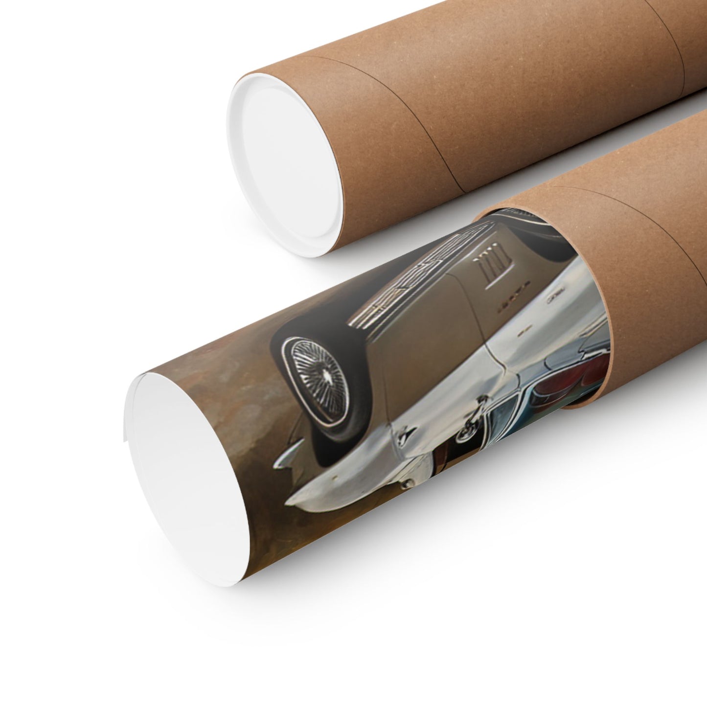 Classic Car Landscape Poster rolled in shipping tube, featuring vintage car art for decor enthusiasts
