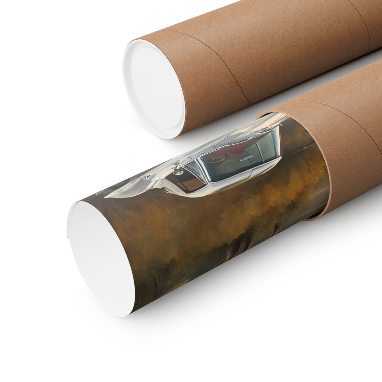 Classic Car Landscape Poster rolled in a tube with a scenic backdrop of vintage cars