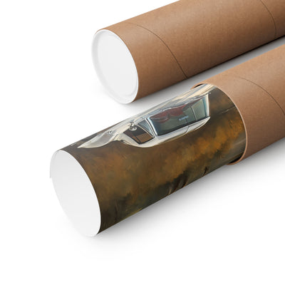 Classic Car Landscape Poster rolled in a tube with a scenic backdrop of vintage cars