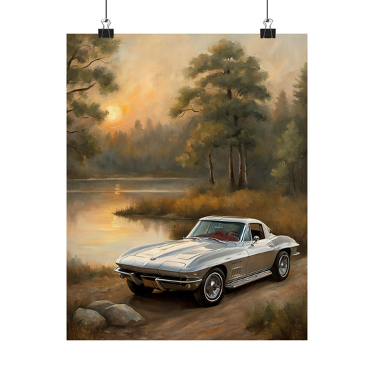 Classic Car Landscape Poster featuring a silver old car by a serene lake at sunset