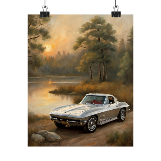 Classic Car Landscape Poster featuring a silver vintage car by a serene lake at sunset
