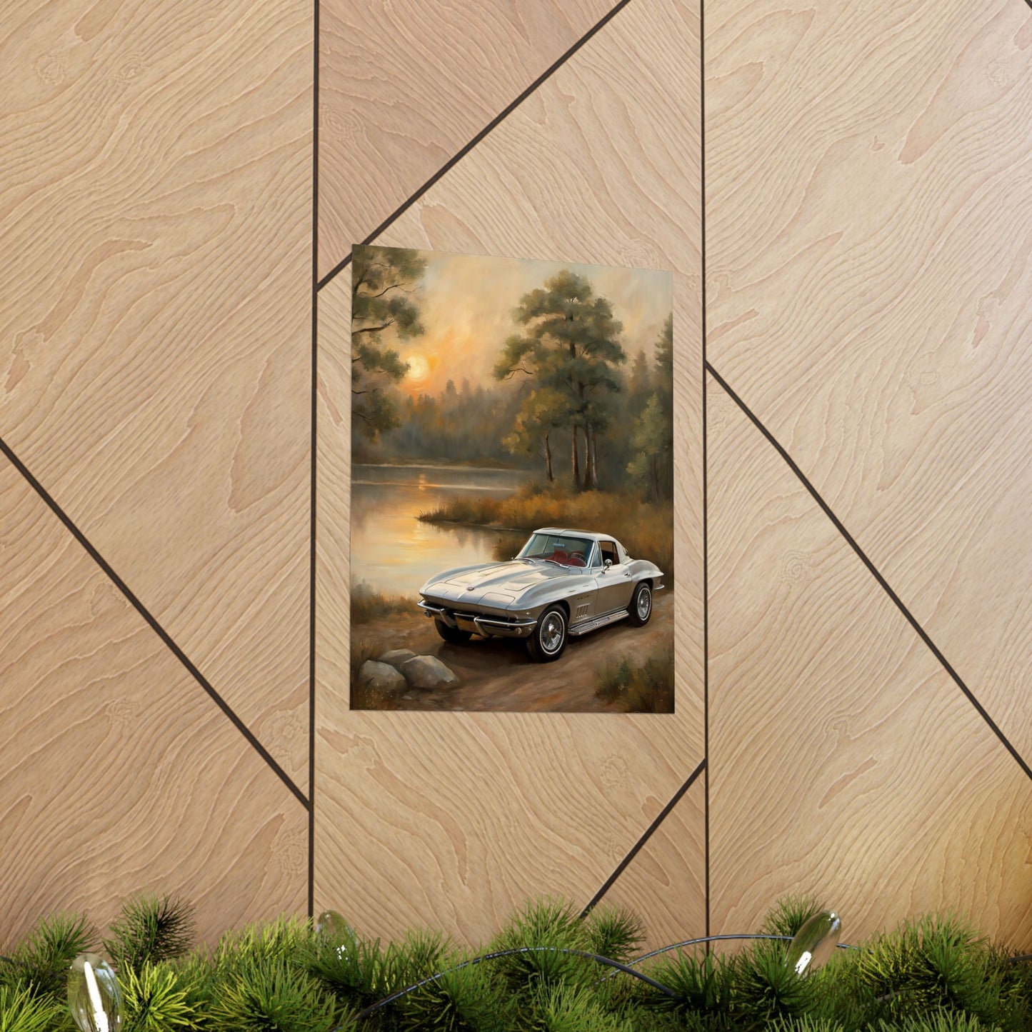 Classic Car Landscape Poster featuring a vintage car by a serene lake with a sunset backdrop