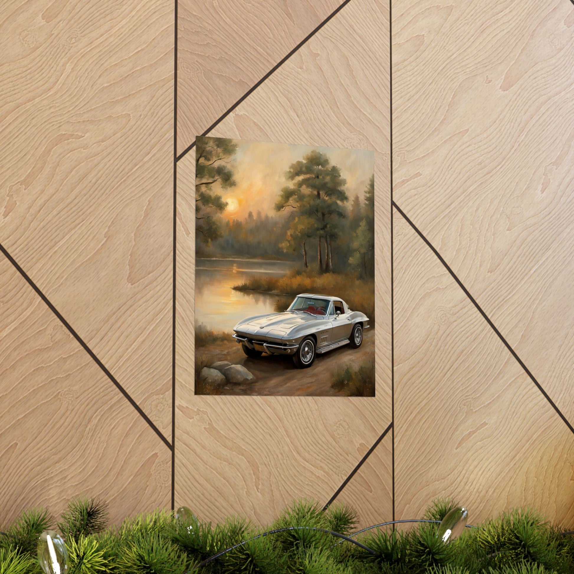 Classic Car Landscape Poster featuring a vintage car by a serene lake with a sunset backdrop