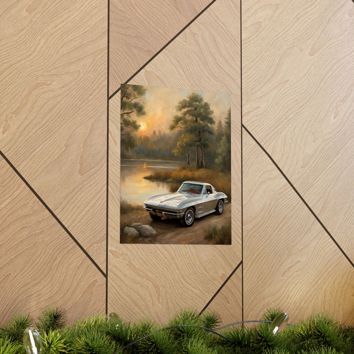 Classic Car Landscape Poster featuring a vintage car by a serene lake with a sunset backdrop