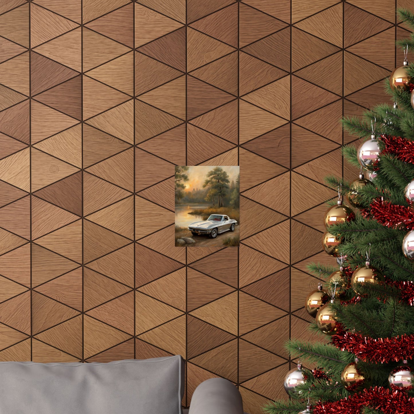 Classic Car Landscape Poster displayed on a geometric wooden wall with a festive Christmas tree