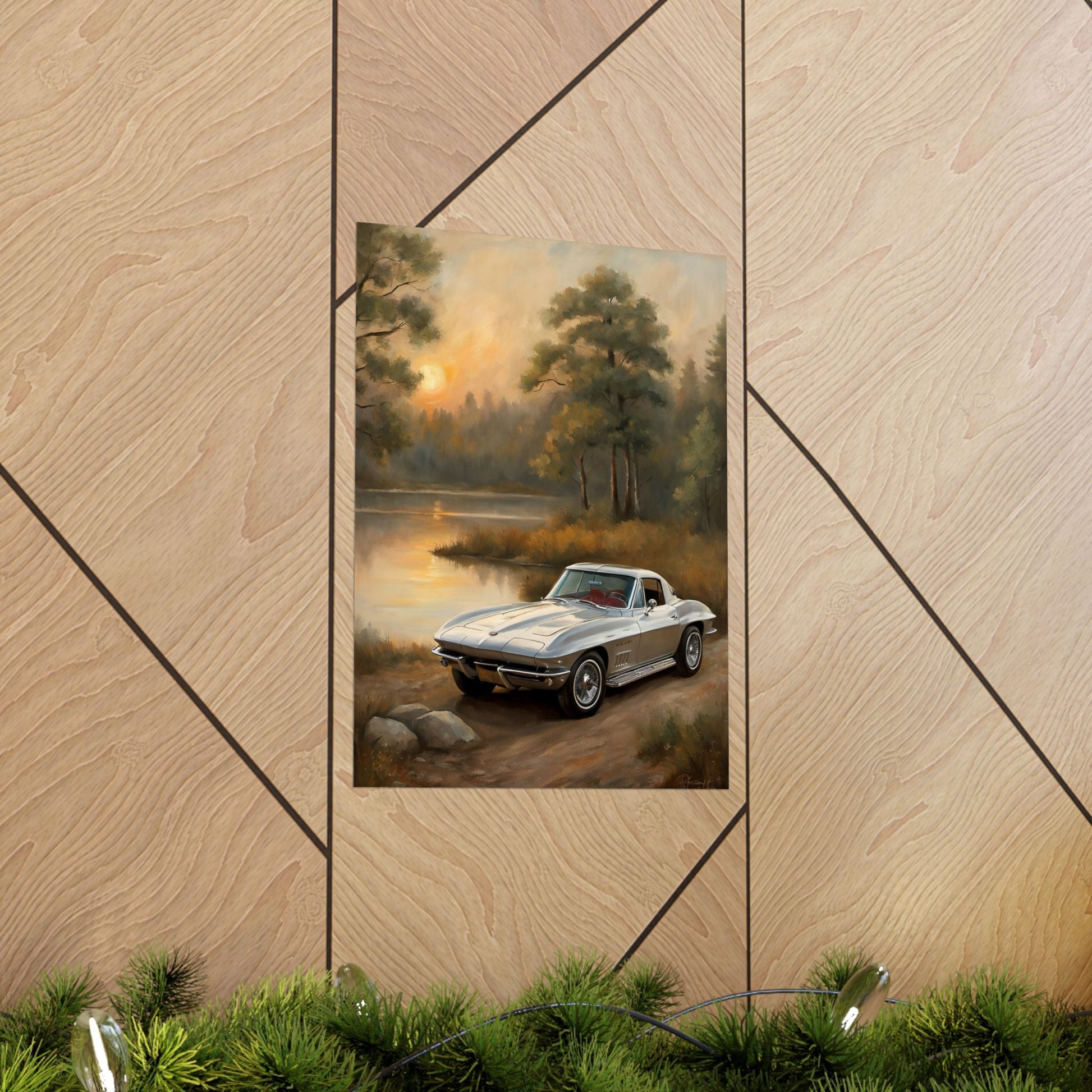 Classic Car Landscape Poster featuring a vintage car by a serene lake at sunset