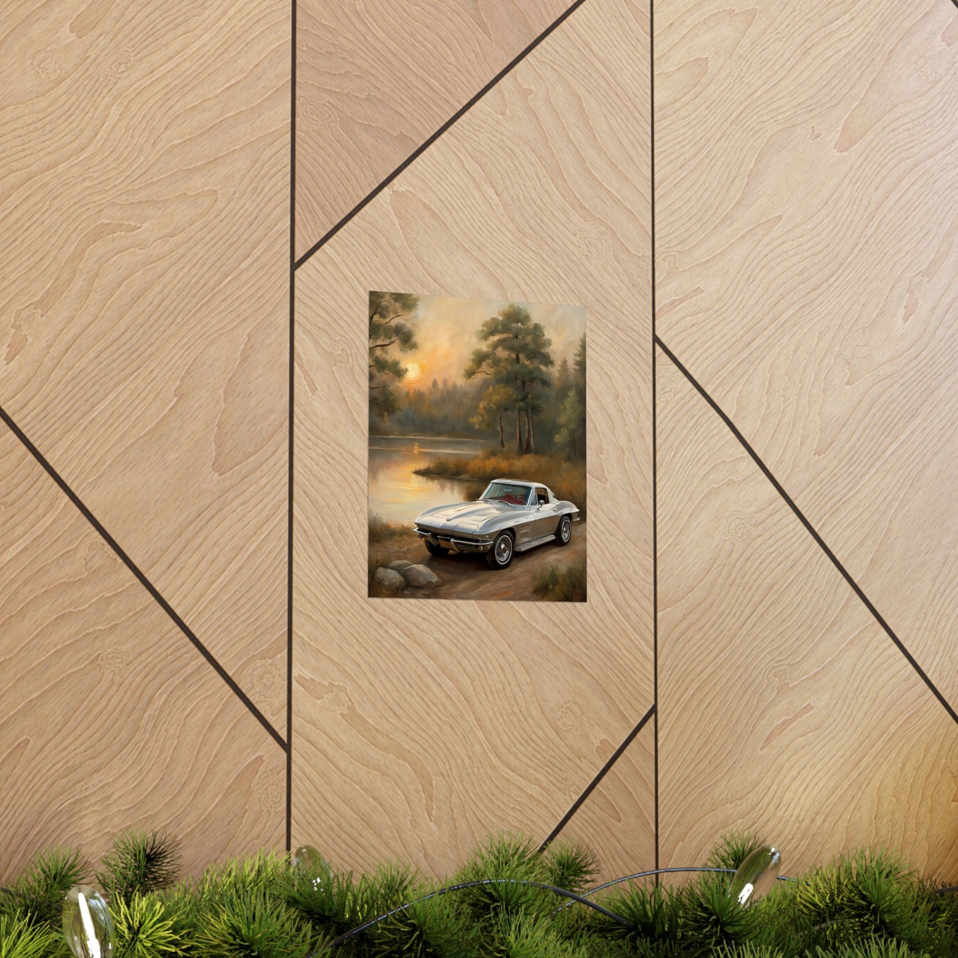 Classic Car Landscape Poster featuring a retro car near a serene lake with trees in the background