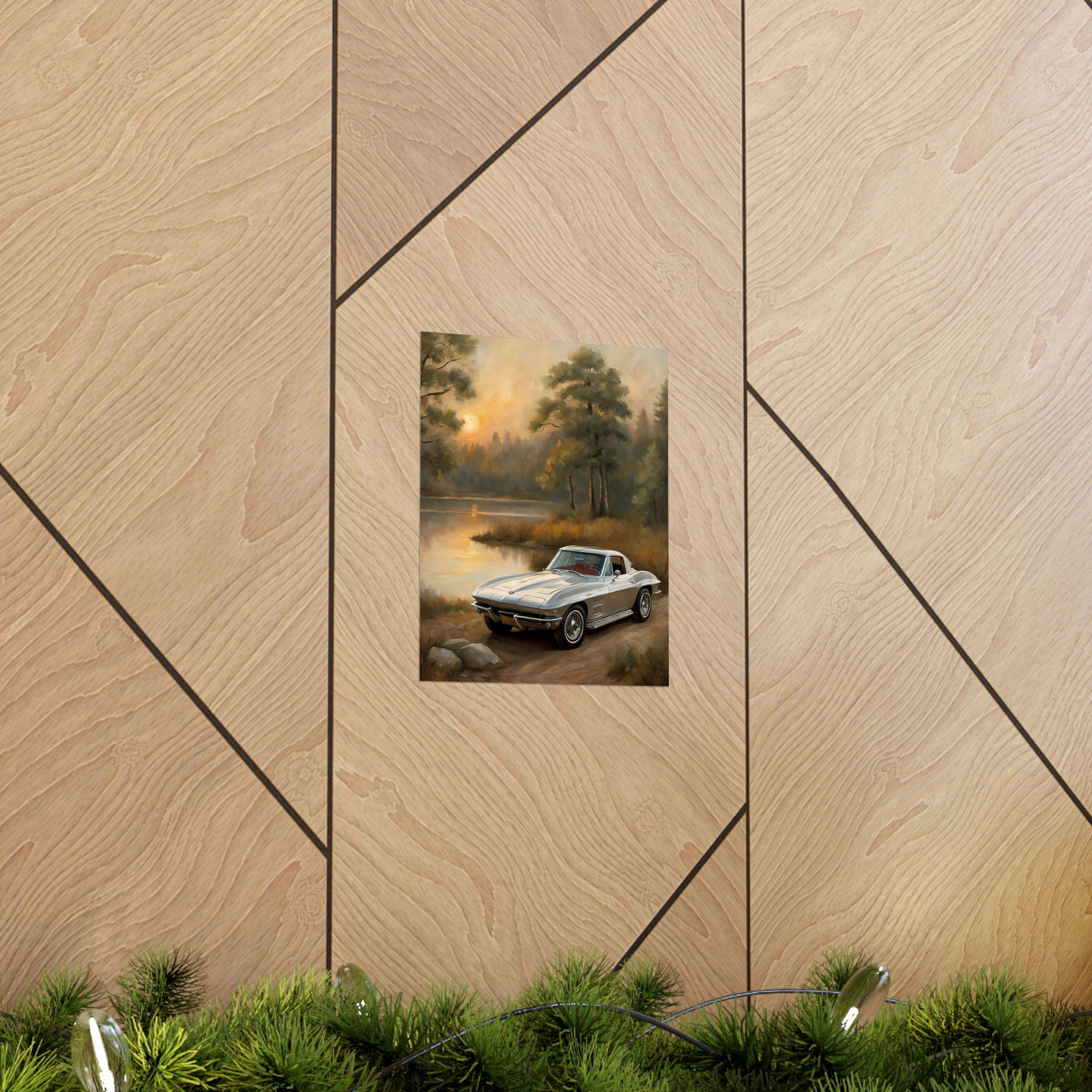 Classic Car Landscape Poster featuring a retro car near a serene lake with trees in the background