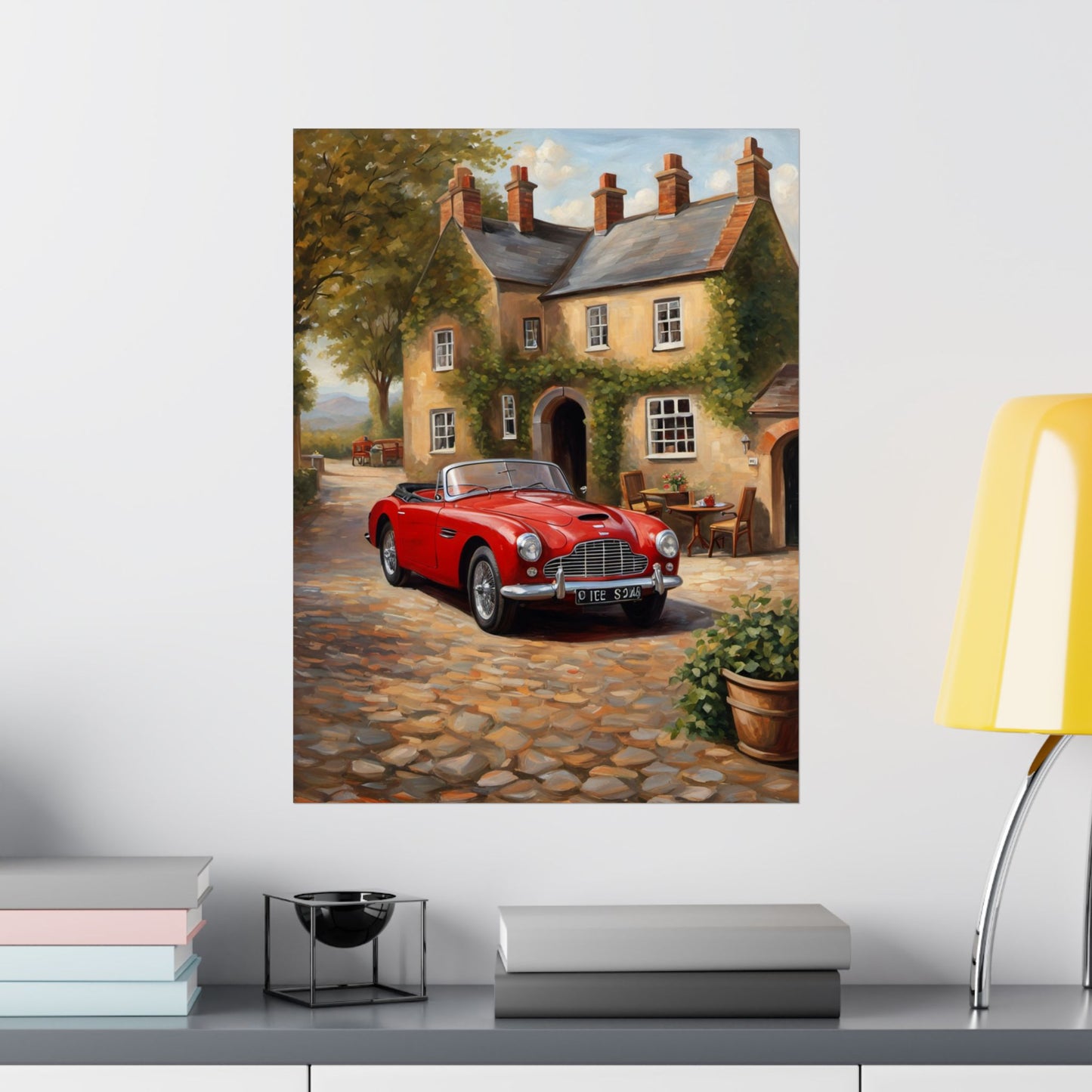 Classic Car Matte Vertical Poster featuring a red vintage car parked in front of a charming cottage