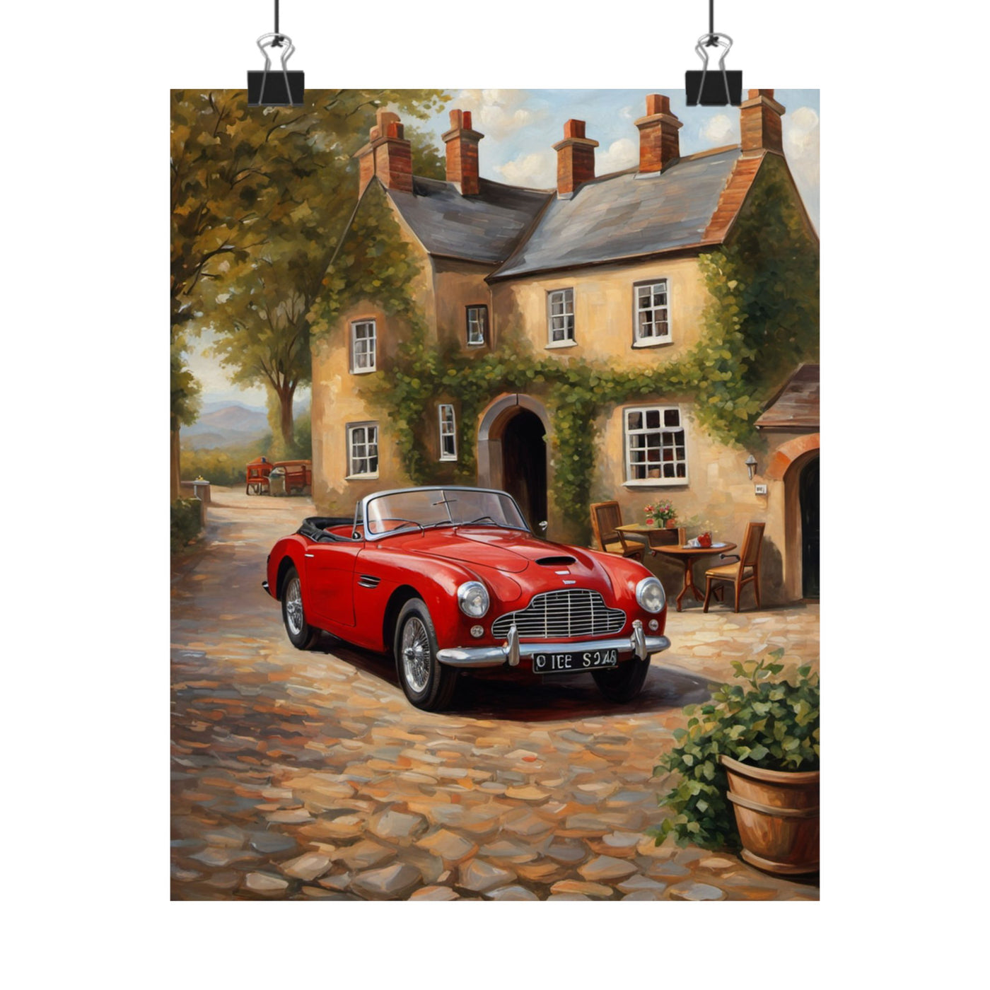 Classic Car Matte Vertical Poster featuring a red old car in a scenic village setting