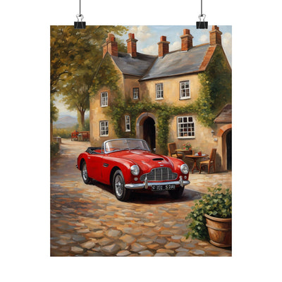 Classic Car Matte Vertical Poster featuring a red convertible parked in a scenic village setting