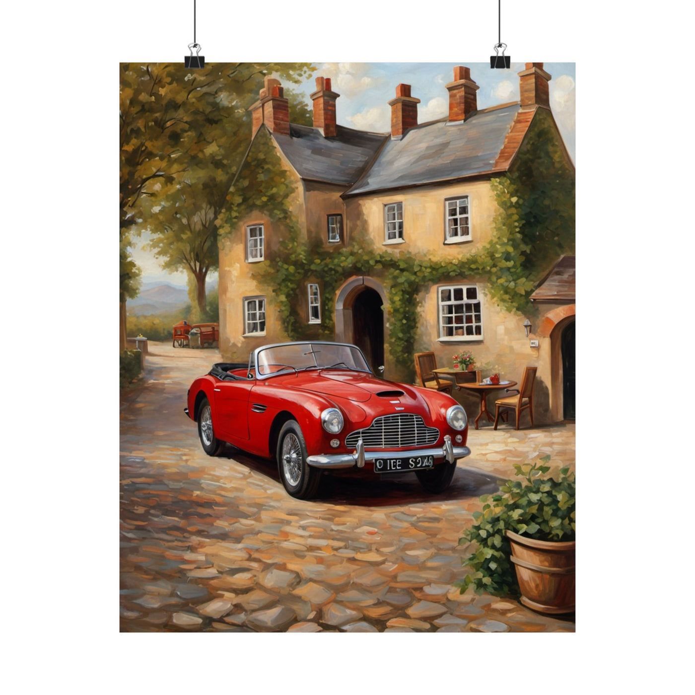 Classic Car Matte Vertical Poster featuring a red convertible in a picturesque village setting