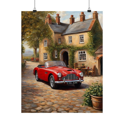 Classic Car Matte Vertical Poster featuring a red convertible in a picturesque village setting