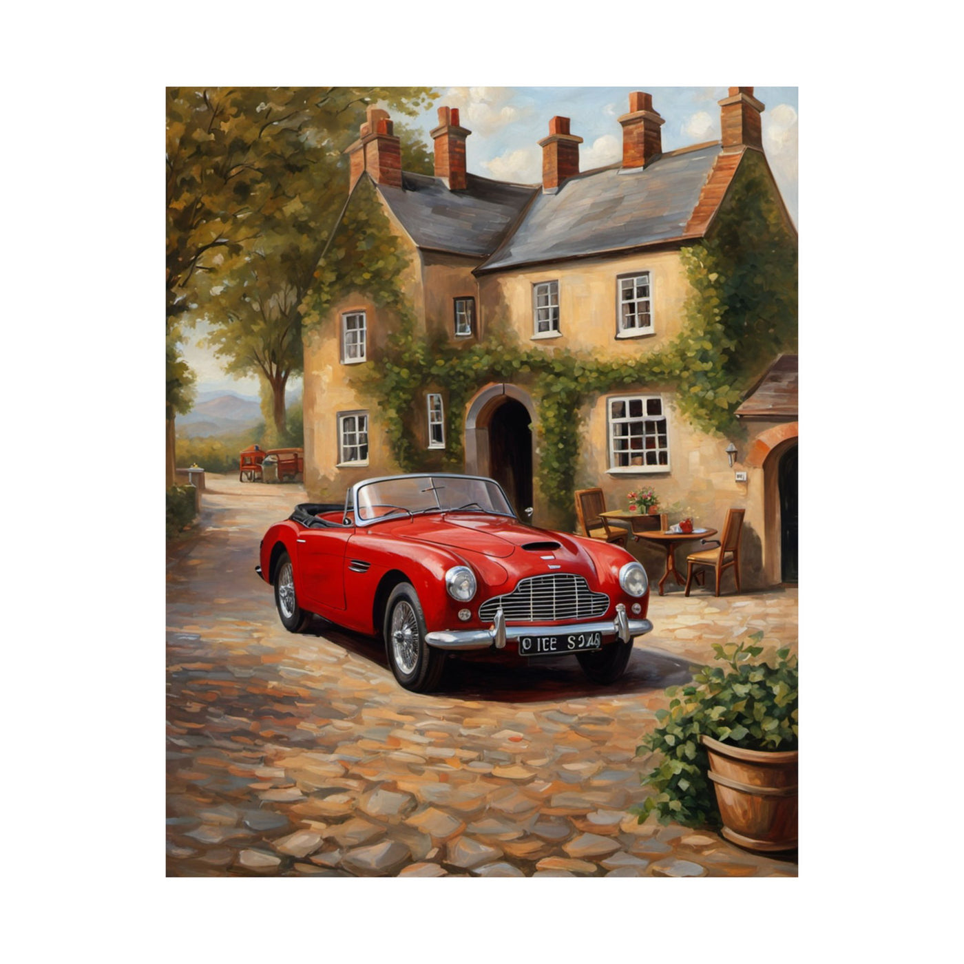 Classic Car Matte Vertical Poster featuring a red vintage car in a picturesque village setting