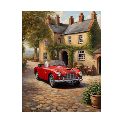 Classic Car Matte Vertical Poster featuring a red nostalgic car parked by a charming cottage