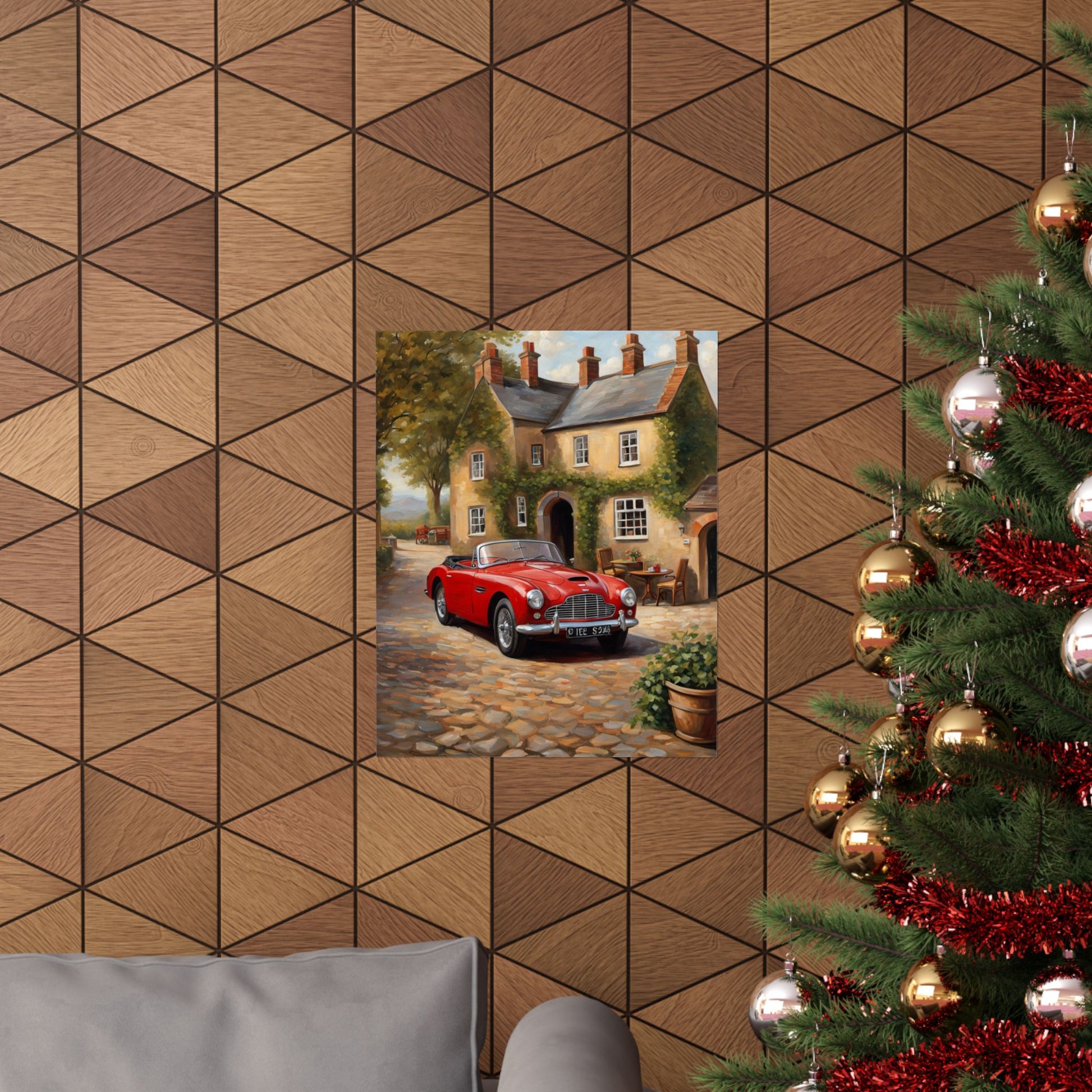 Classic Car Matte Vertical Poster featuring a red vintage car parked by a charming cottage