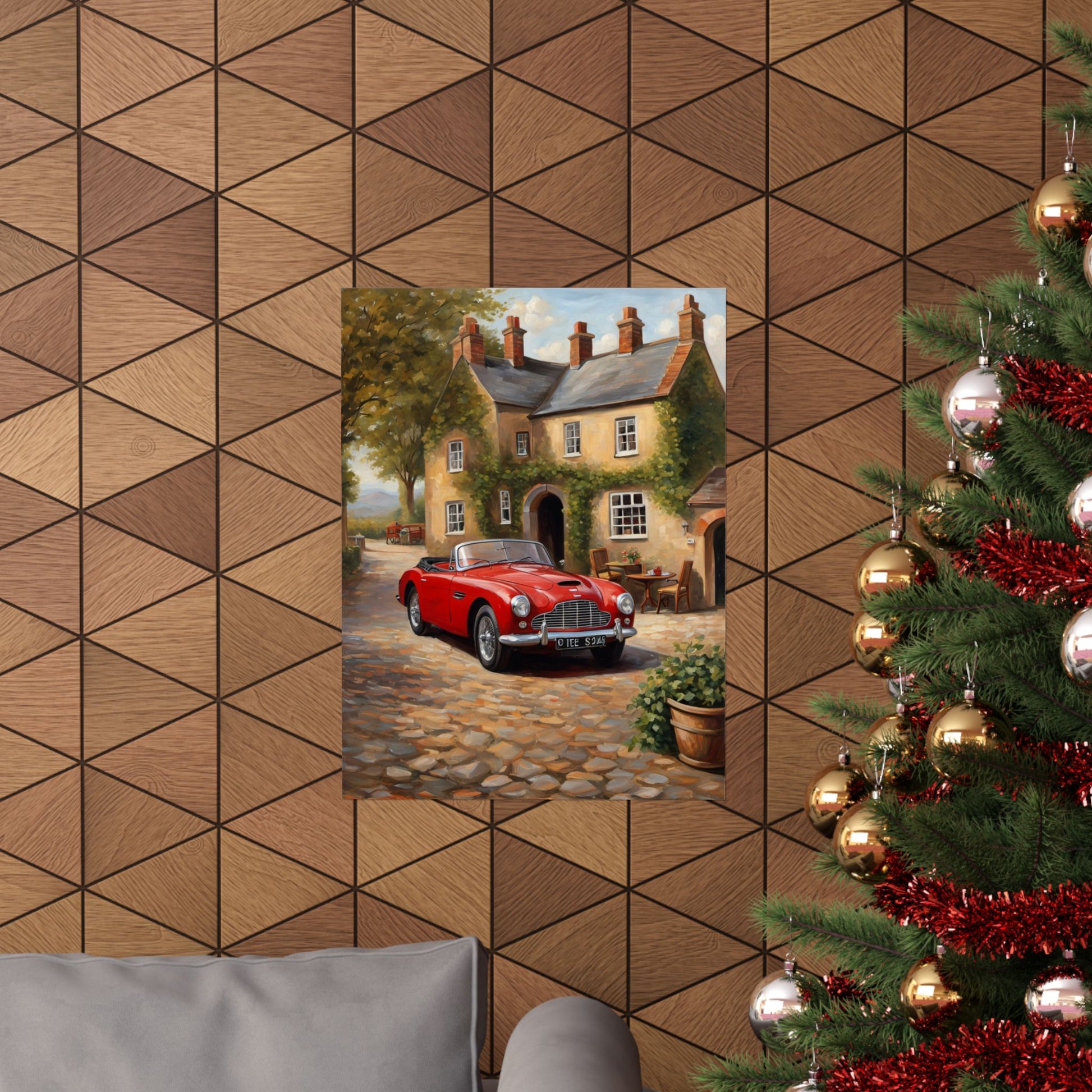 Classic Car Matte Vertical Poster featuring a red vintage car in front of a charming cottage