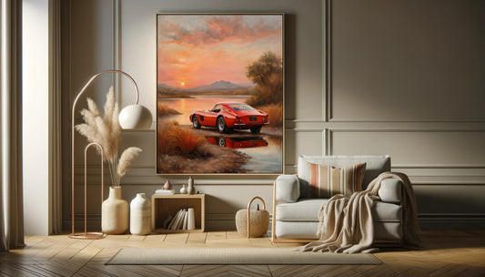 Quiet sunset landscape painting by AquilVision featuring a red car by a reflective water scene in warm tones