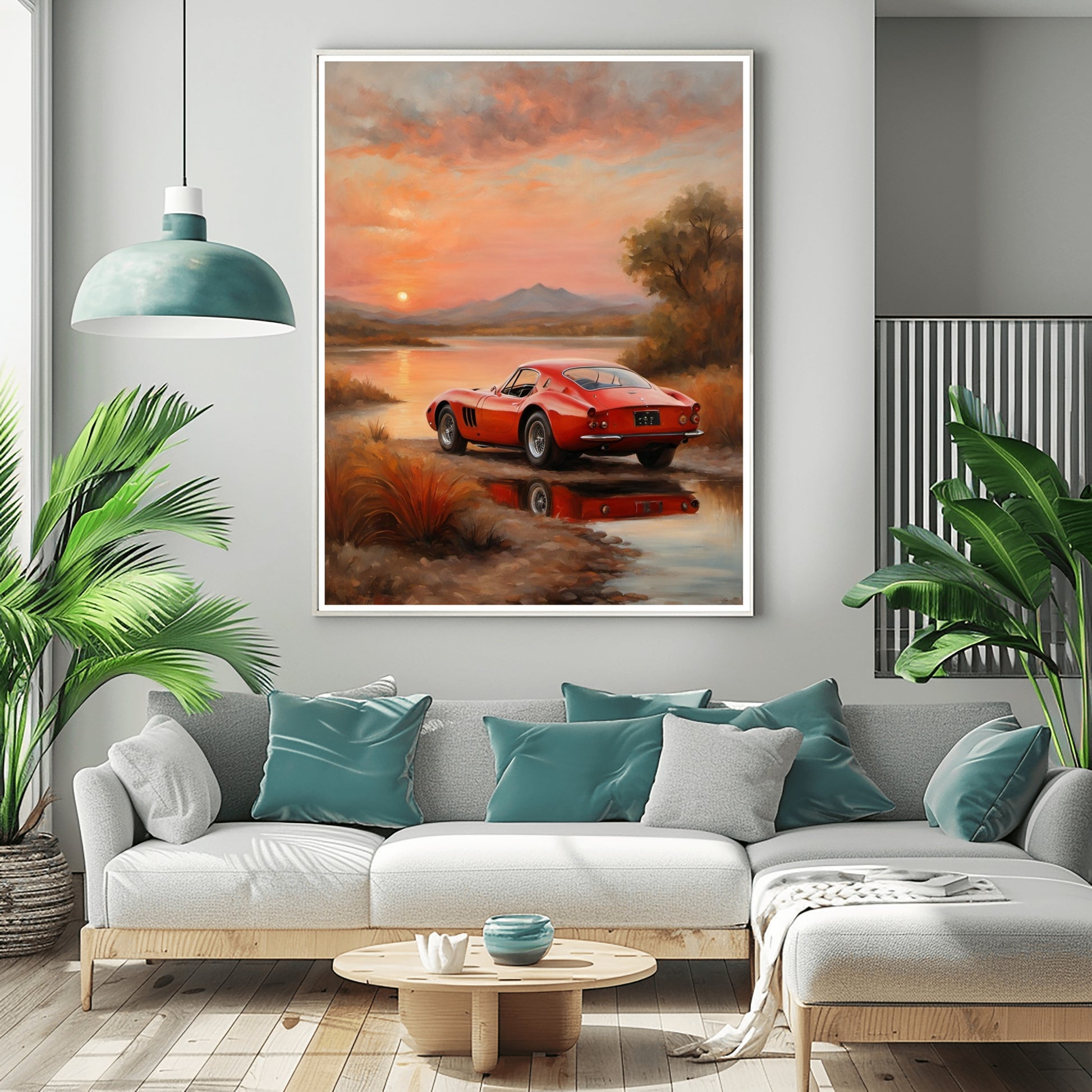 AquilVision digital quiet sunset landscape painting featuring a red vintage car by a reflective water body in a cozy living room