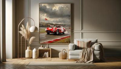 Classic car racing artwork by AquilVision displayed in a modern living room with neutral decor and cozy seating