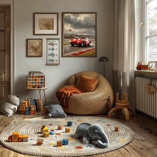 Classic car racing artwork featuring a red vintage race car on a cloudy race track in a cozy children's playroom