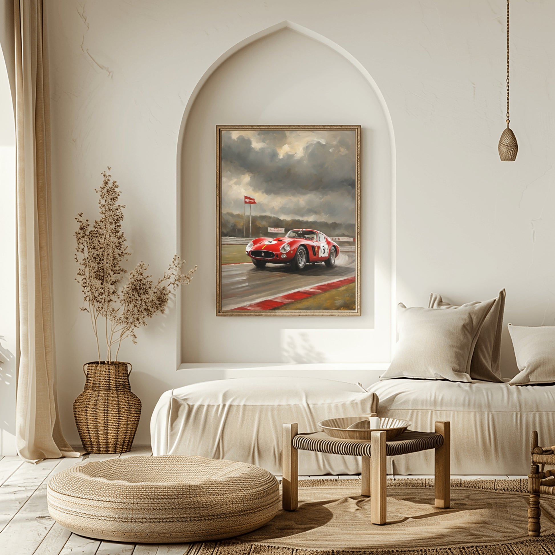 Classic car racing artwork featuring a red vintage race car on a rainy track displayed in a stylish living room