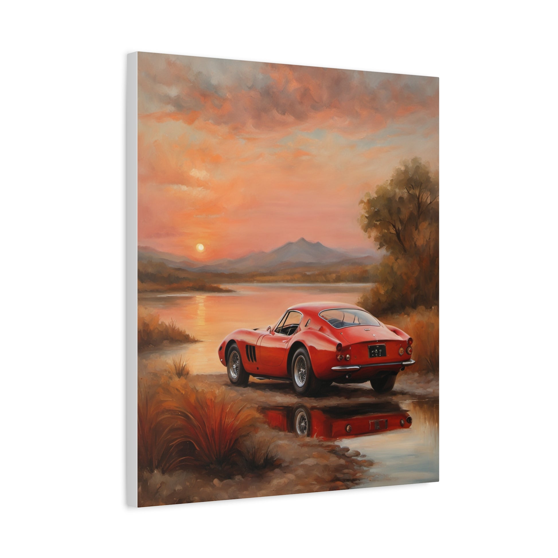 Classic Car Sunset Canvas Art featuring a vintage red car by a lake at sunset