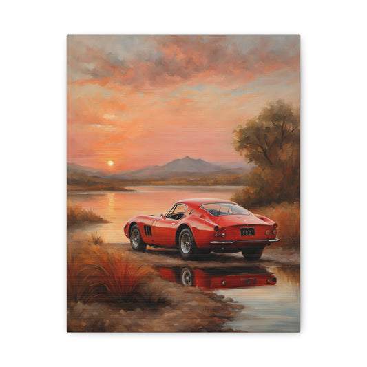 Classic Car Sunset Canvas Art featuring a red vintage car by a tranquil lake at sunset