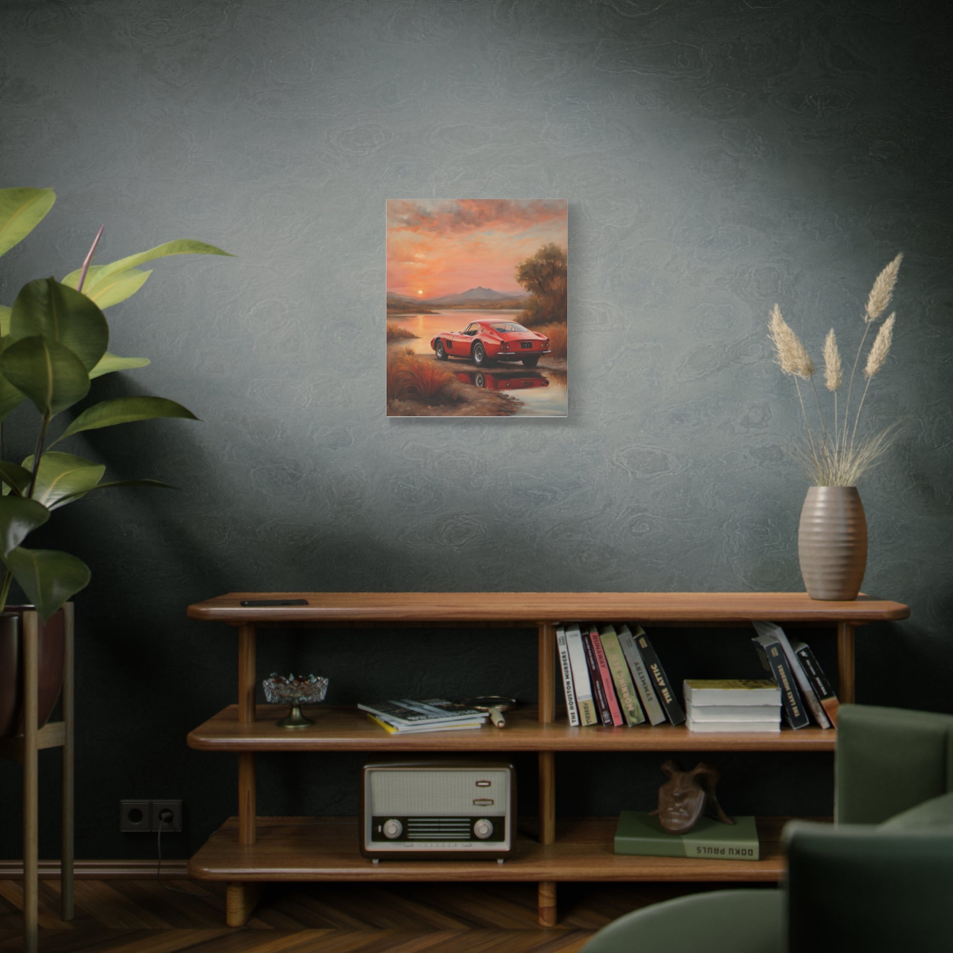 Classic Car Sunset Canvas Art displayed on a living room wall with plants and furniture