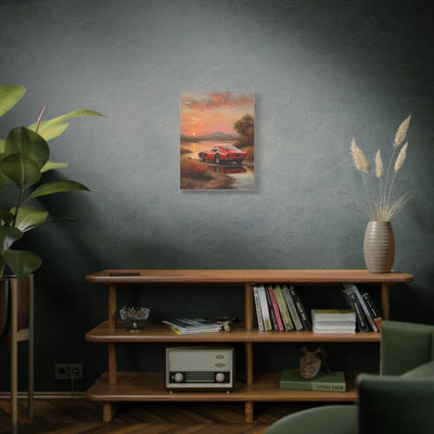 Classic Car Sunset Canvas Art featuring a vintage car against a tranquil sunset backdrop