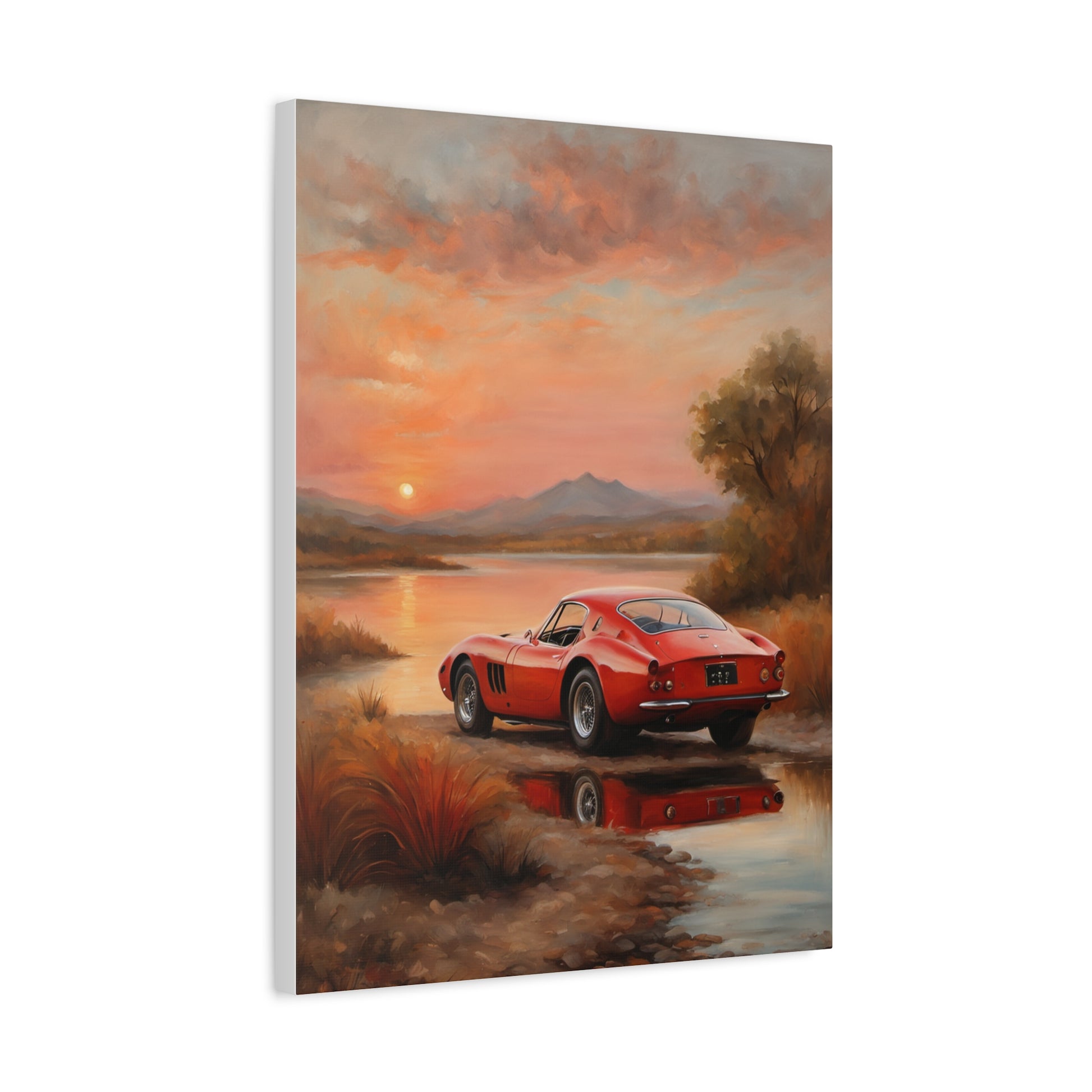 Classic Car Sunset Canvas Art featuring a red old car by a serene lake at sunset
