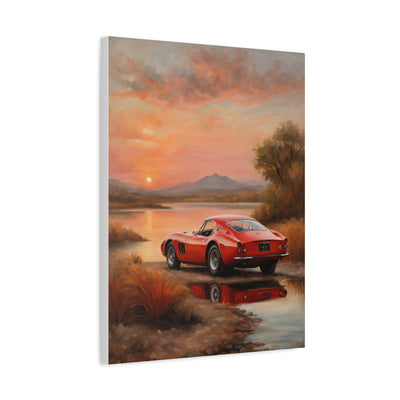 Classic Car Sunset Canvas Art featuring a red old car by a serene lake at sunset