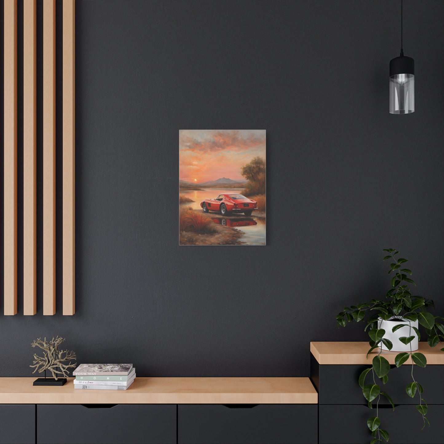 Classic Car Sunset Canvas Art featuring a red car against a serene sunset backdrop