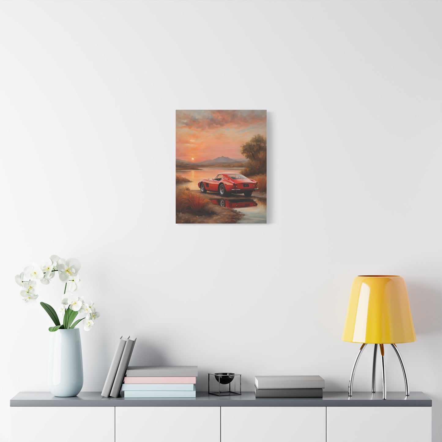 Classic Car Sunset Canvas Art featuring a red vintage car against a scenic sunset backdrop