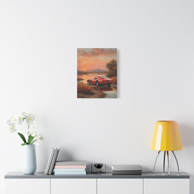 Classic Car Sunset Canvas Art featuring a red vintage car against a scenic sunset backdrop