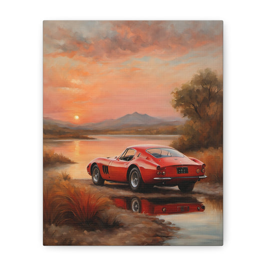 Classic Car Sunset Canvas Art featuring a vintage red sports car by a tranquil lake at sunset