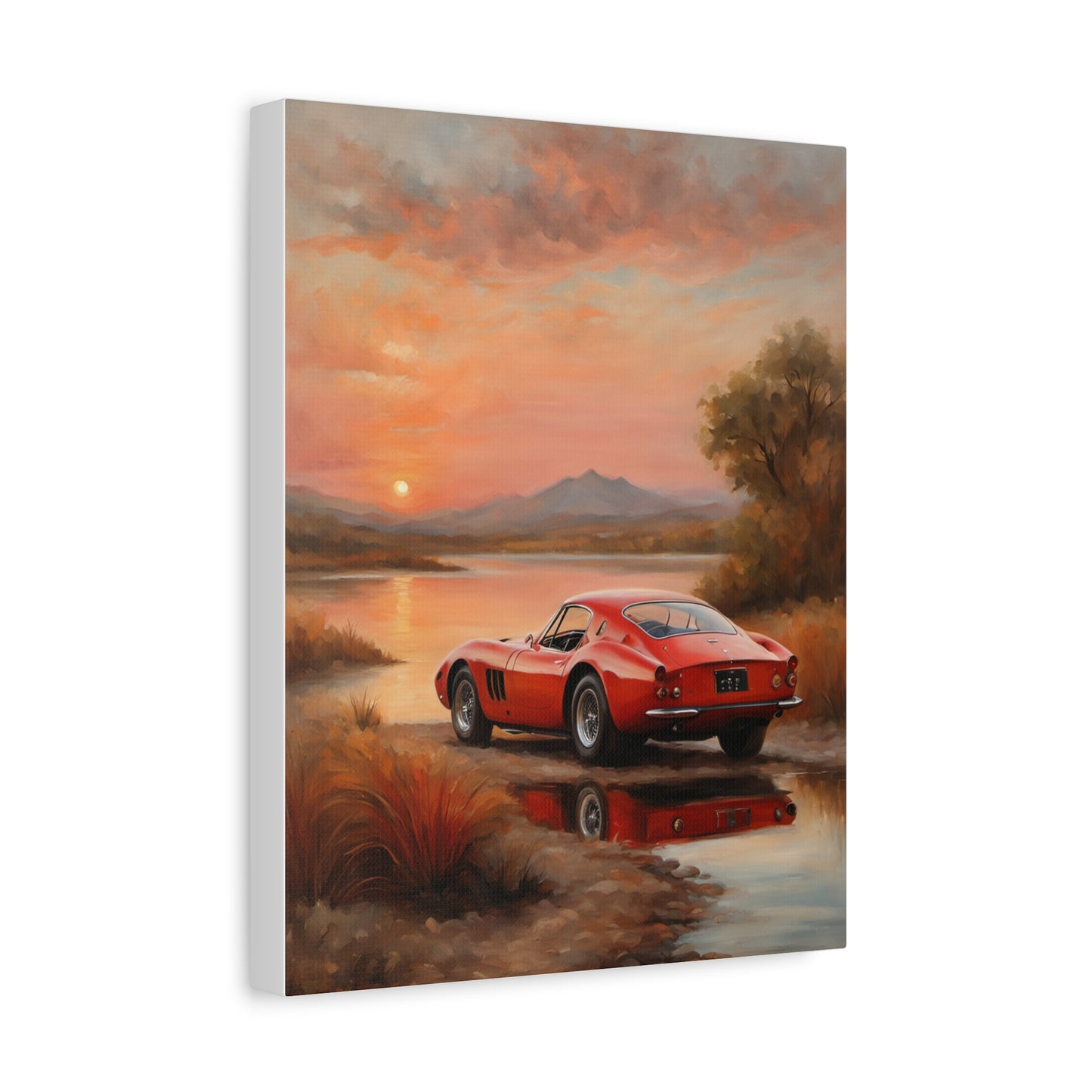 Classic Car Sunset Canvas Art featuring a vintage red car by a tranquil lake at sunset