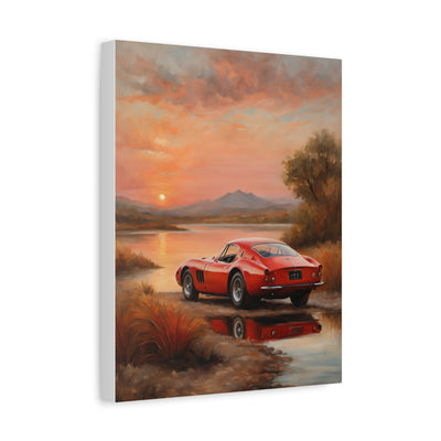 Classic Car Sunset Canvas Art featuring a vintage red car by a tranquil lake at sunset