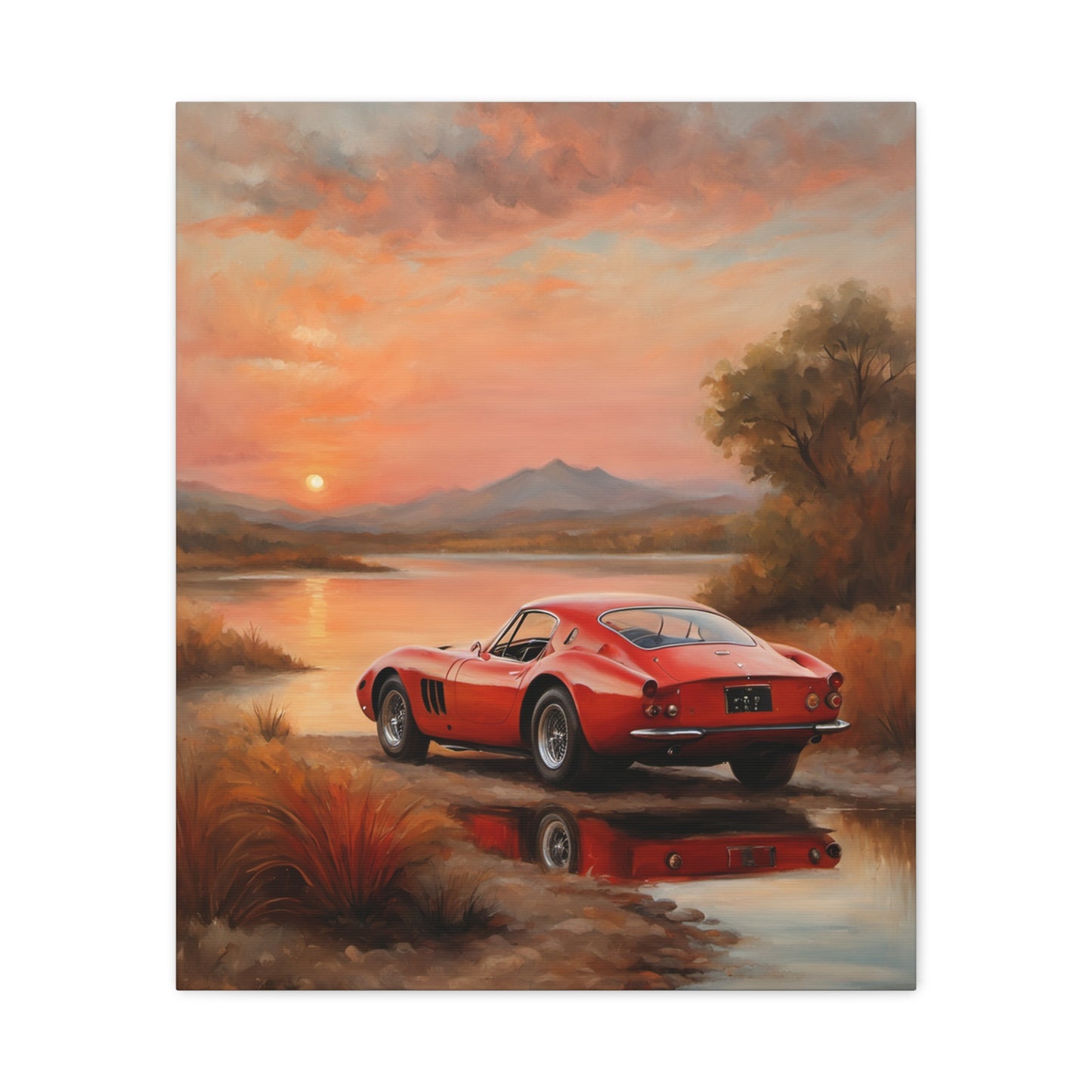 Classic Car Sunset Canvas Art featuring a red nostalgic car by a serene lake at sunset