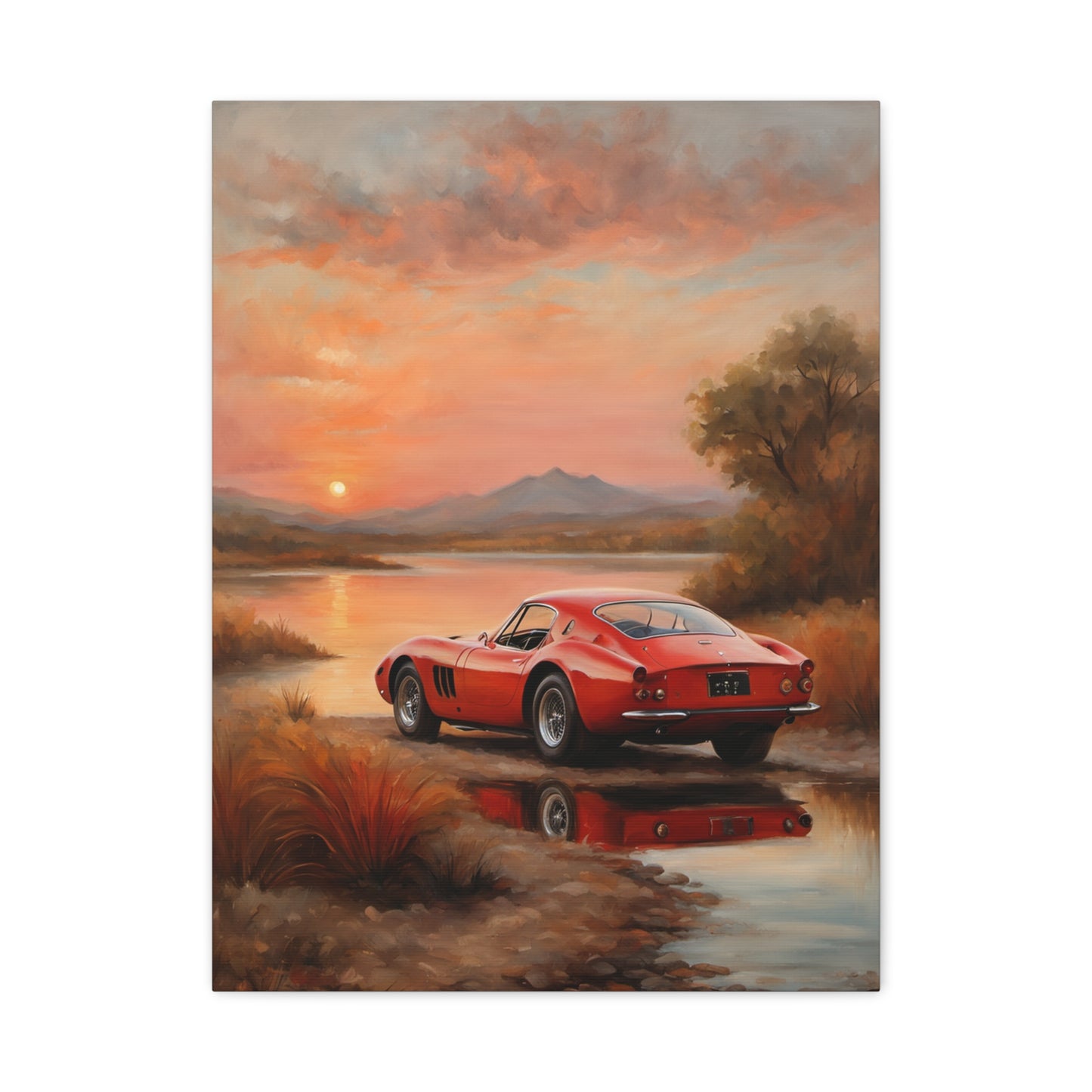 Classic Car Sunset Canvas Art featuring a red vintage car near a serene lake at sunset