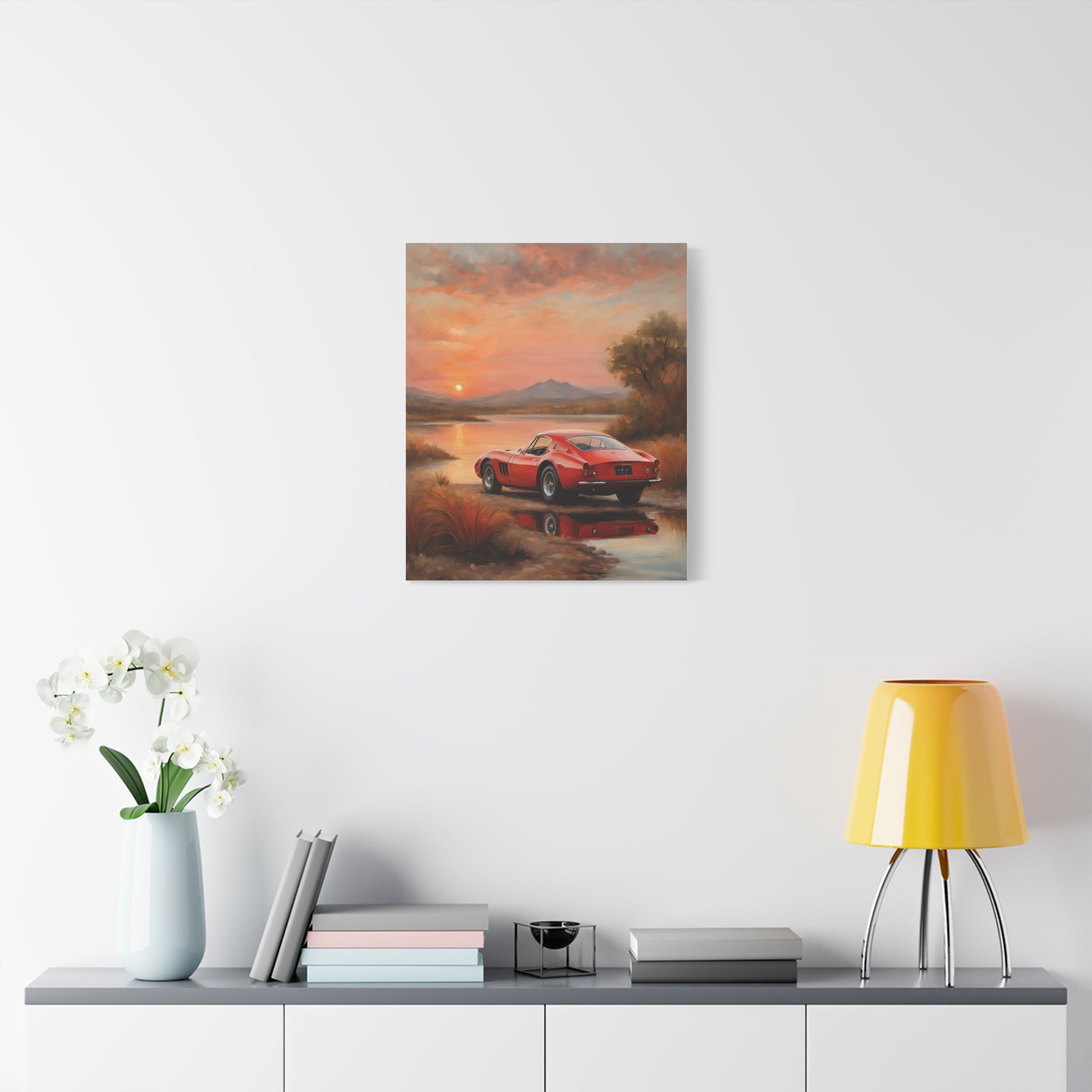 Classic Car Sunset Canvas Art featuring a vintage car against a beautiful sunset landscape