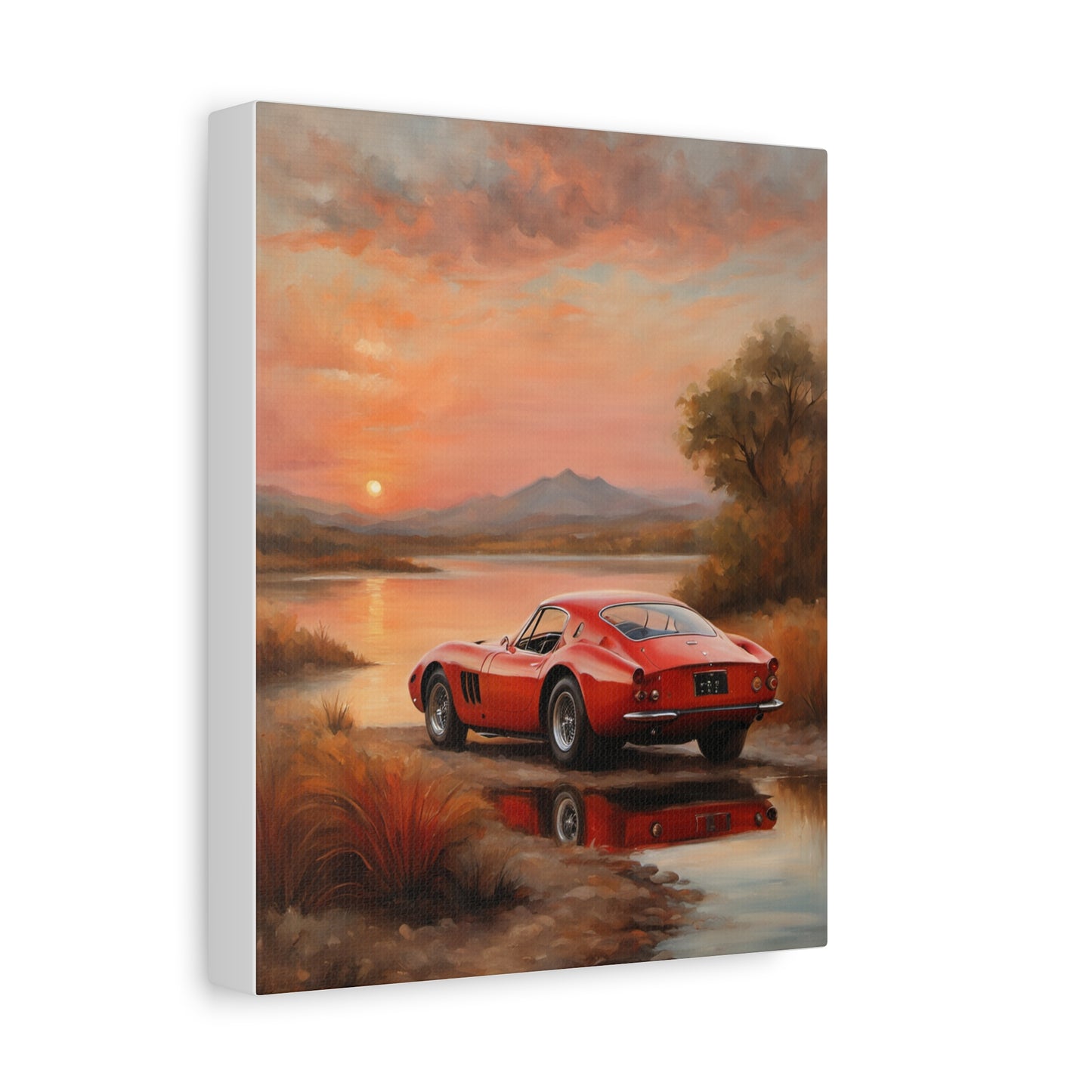 Classic Car Sunset Canvas Art featuring a vintage red car by a scenic sunset river landscape