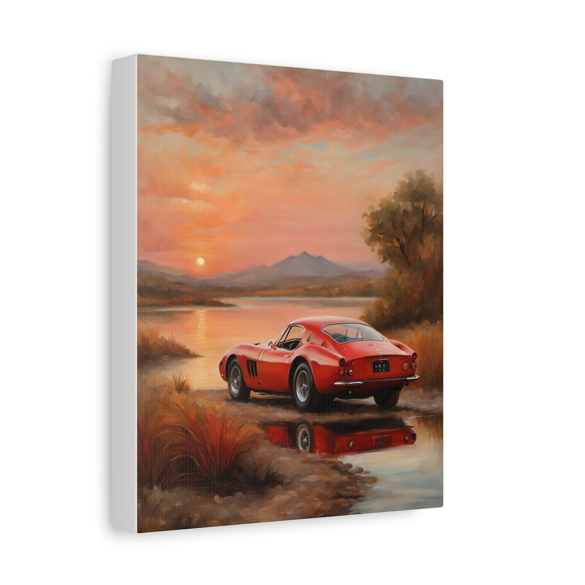 Classic Car Sunset Canvas Art featuring a vintage red car by a scenic sunset river landscape