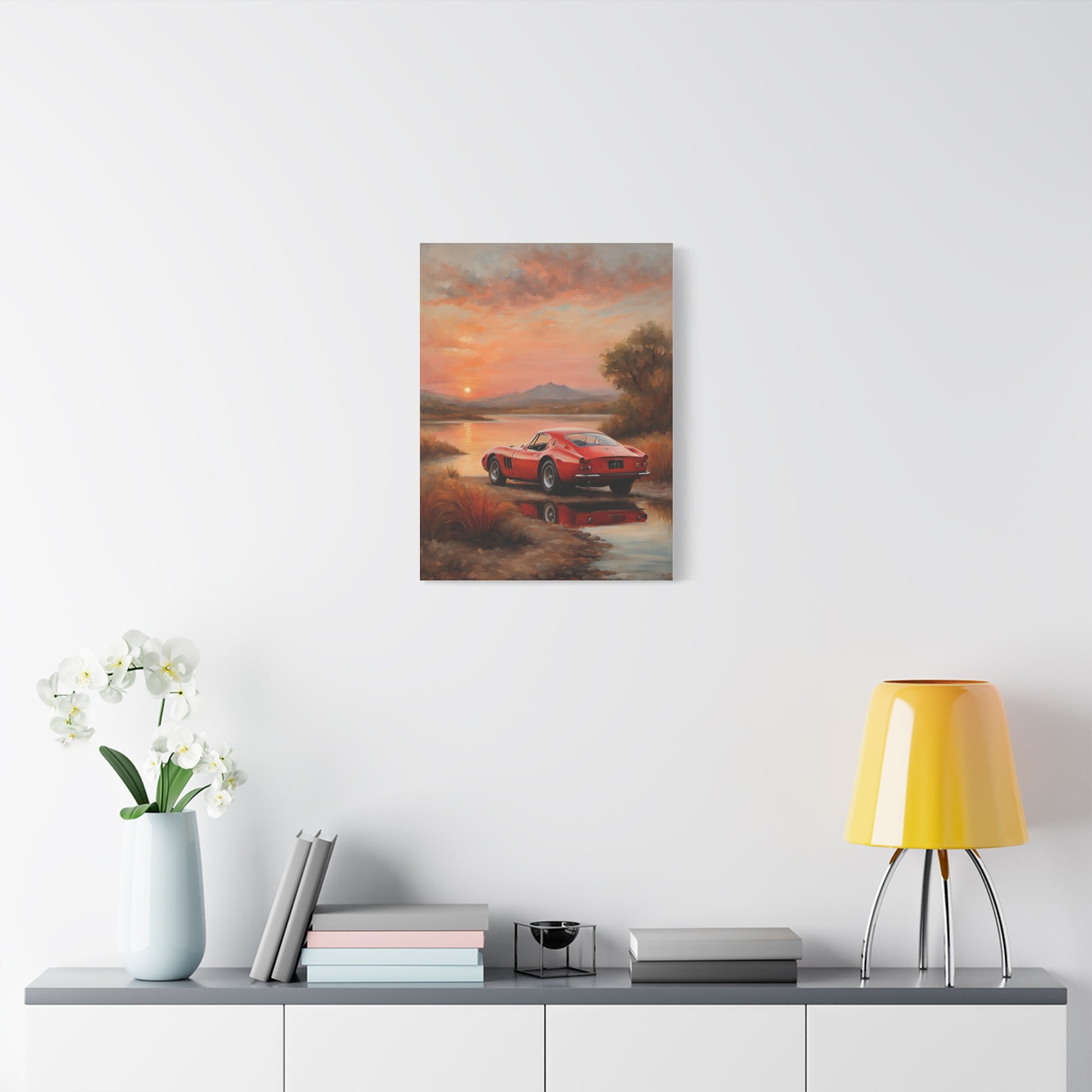 Classic Car Sunset Canvas Art featuring a red car by a peaceful landscape at sunset