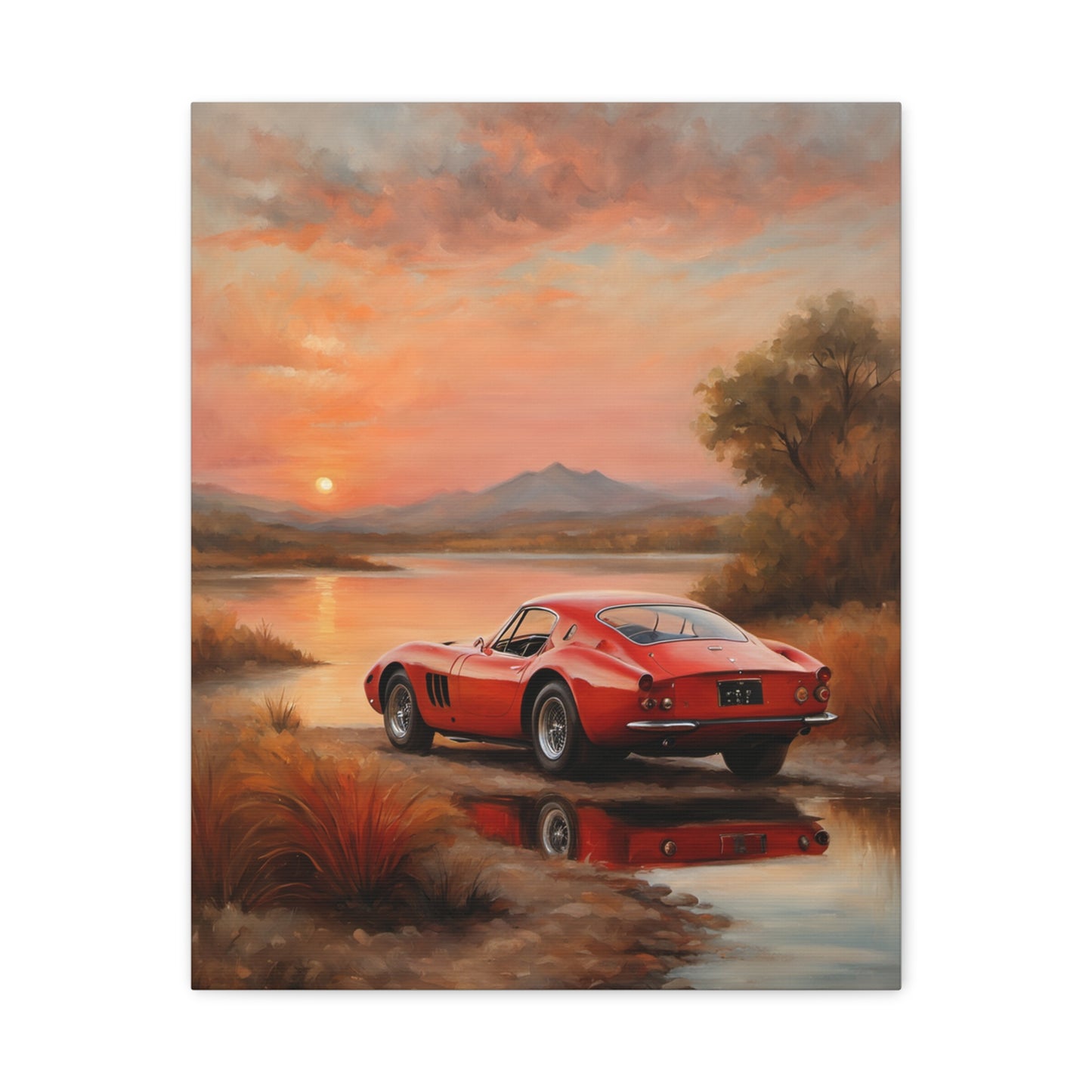 Classic Car Sunset Canvas Art featuring a red vintage car by a serene lake at sunset