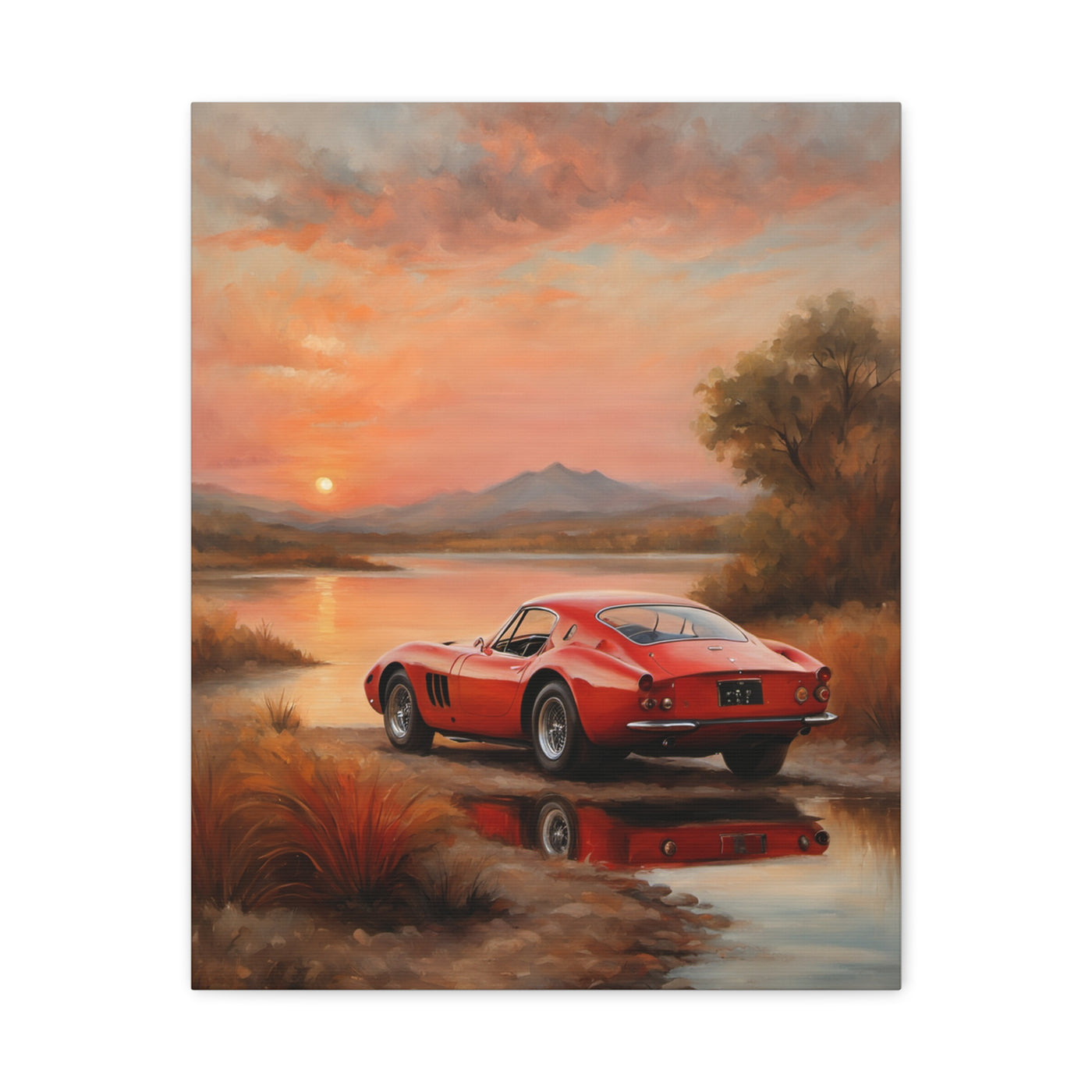 Classic Car Sunset Canvas Art featuring a red vintage car by a serene lake at sunset