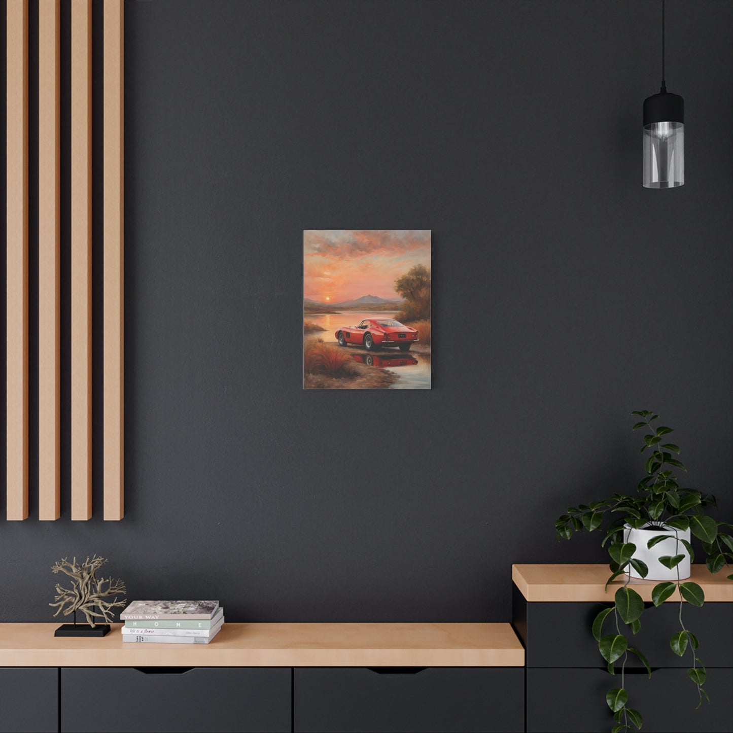 Classic Car Sunset Canvas Art featuring a vintage red car against a sunset backdrop on a wall