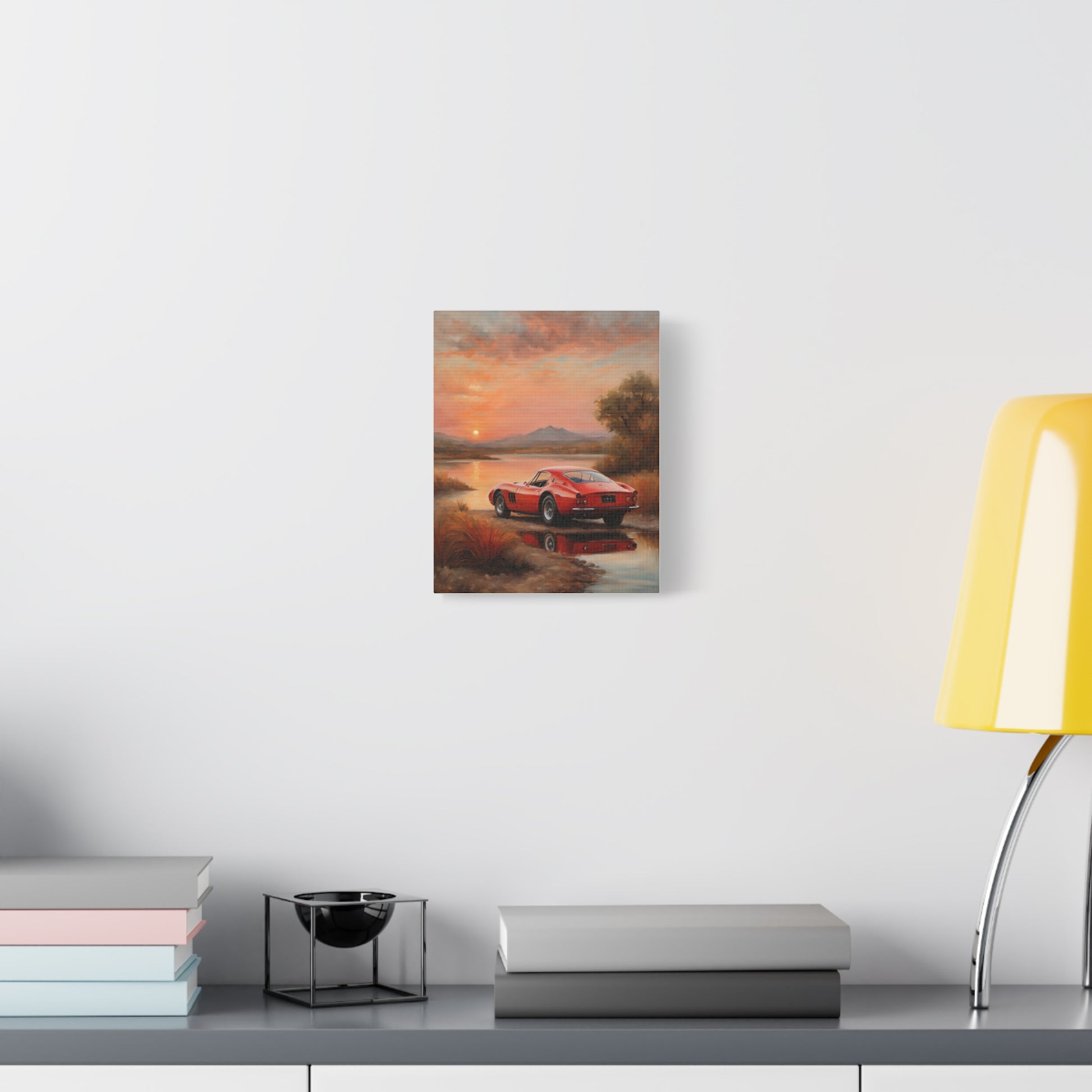 Classic Car Sunset Canvas Art featuring a red car against a stunning sunset backdrop on a wall