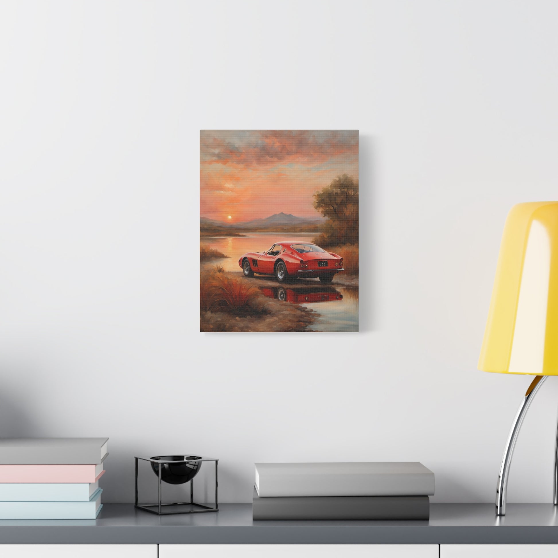 Classic Car Sunset Canvas Art featuring a red car in a serene landscape at sunset