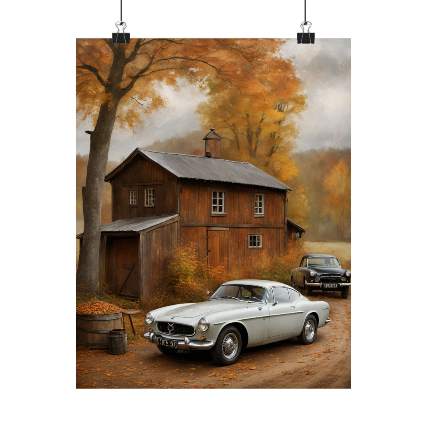 Classic car wall art for home decor featuring vintage cars by a rustic cabin in autumn scenery.